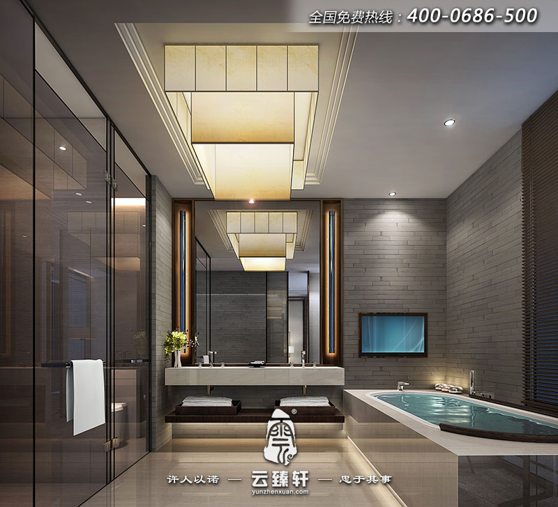 衛生間采用古典青磚裝飾，浴缸也選用仿古形態